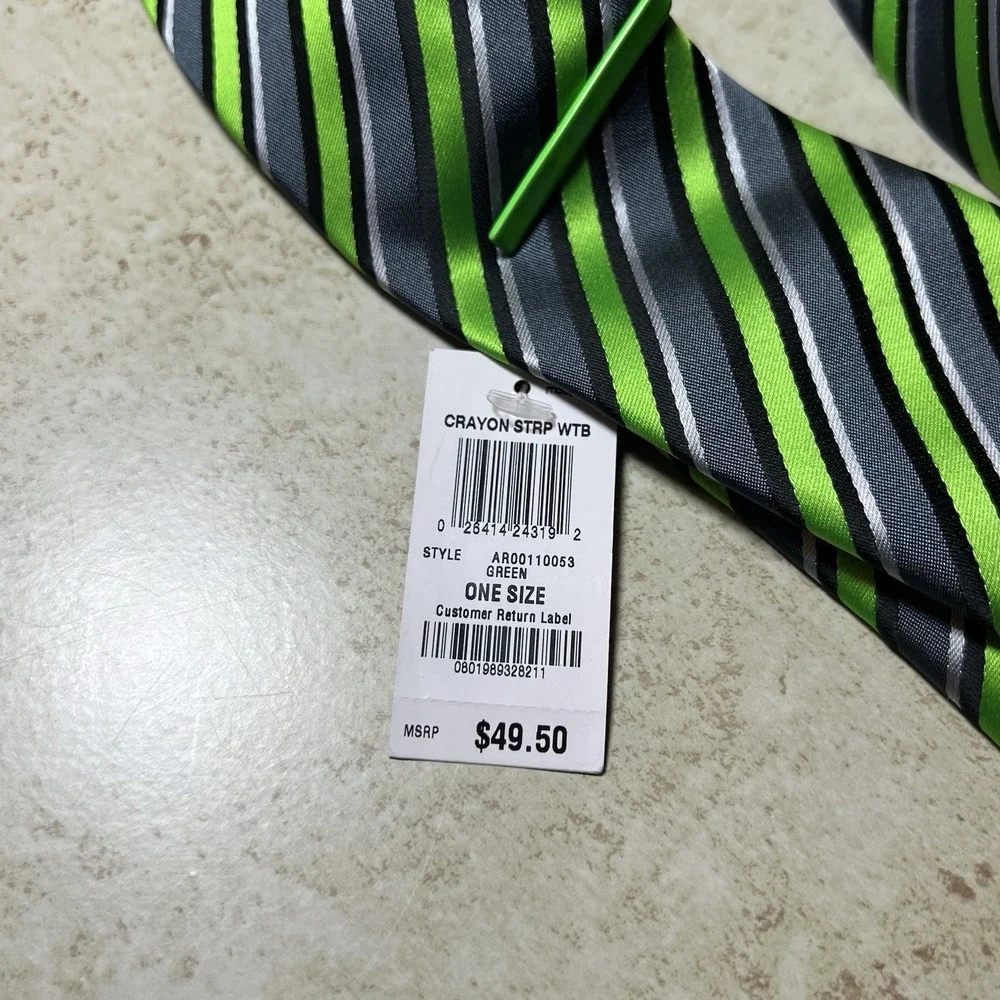 New! NWT Alfani Men's Green Crayon Stripe Slim Neck Tie & Clip One Size MSRP $49